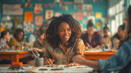 A young woman smiles brightly, enjoying a creative art class in a vibrant classroom setting. - Powered by Adobe