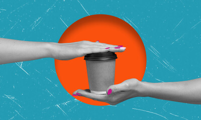 Coffee collage modern art design, mockup of a woman's hand holding a hot coffee paper cup.