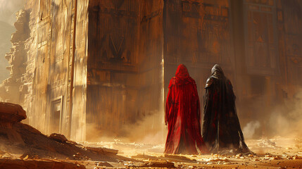 Two cloaked figures in a desert, ancient ruins in the background, evoking mystery and adventure. - obrazy, fototapety, plakaty