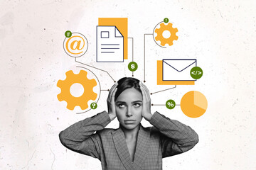 Composite photo collage of upset girl hand hold head tasks email chart responsibility gearwheel...