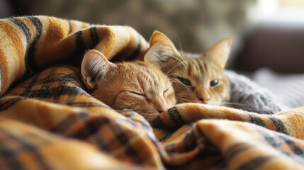 Two serene cats enjoy a tranquil nap together, wrapped in the warmth of a plaid blanket, cozy...
