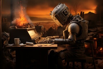 Diligent Medieval robot redactor working at typewriter. Robotic cyborg author writing script. Generate ai - obrazy, fototapety, plakaty