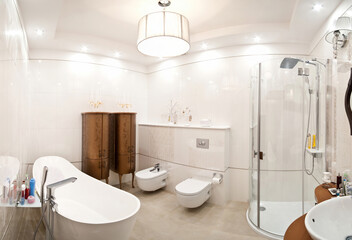 Elegant classic style modern bathroom wide angle view