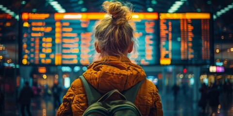 Woman Walking Through Airport With Backpack