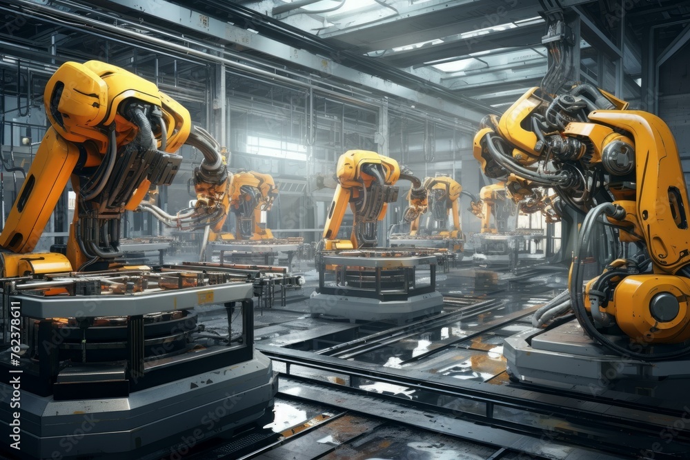 Poster precise robotics arm factory. panel line. generate ai