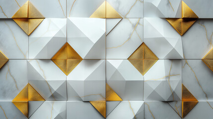 Abstract geometric background with black and gold concrete tiles, squares, triangle patterns. 3d...