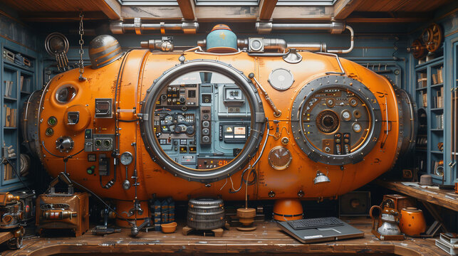 Vintage submarine interior with intricate control panel and rustic details, evoking a sense of underwater exploration and adventure.