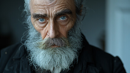 Portrait of a senior man with a thick gray beard and intense eyes, exuding wisdom and life experience.