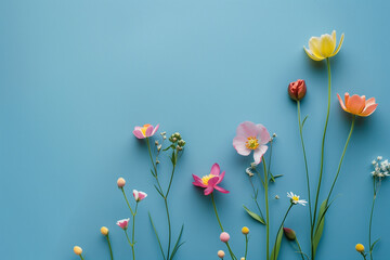 Colorful beautiful flowers in minimalist copy space background, abstract flower wallpaper concept, eye-catching Garden flowers over a blue flat background, Beautiful flowers with empty space for text