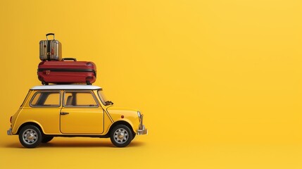 Cute little yellow car on a plain background with luggage on top. Vacation concept with copy space for your text	
