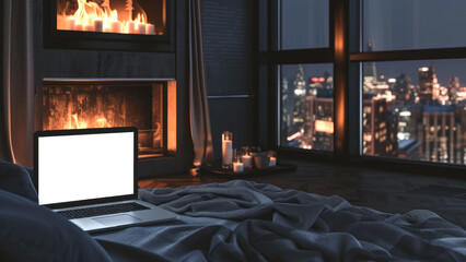 Laptop on Wooden Table with Fireplace and Snowy Mountain View, Clipping Path Background
