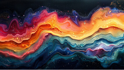 Beautiful abstraction of liquid paints in slow blending flow mixing together gently - obrazy, fototapety, plakaty