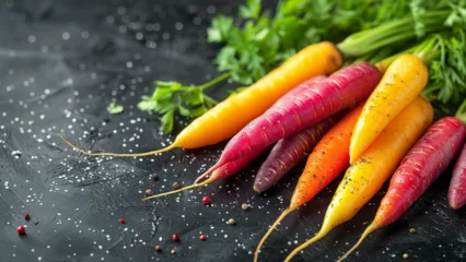  Top view of bunch of fresh organic rainbow carrots on black background representing concept of healthy food © Olivia Studio