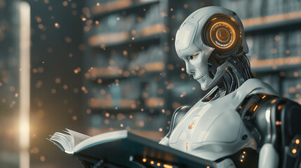 Fototapeta premium 3D illustration. Reading a book, robot solving mathematical data analysis in the concept of future mathematical artificial intelligence.