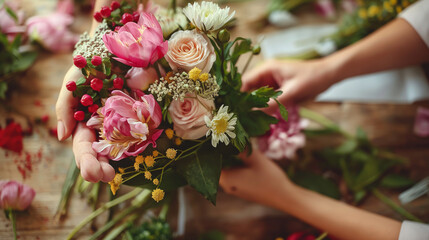 Florist crafting elegant bouquet with fresh flowers. Close-up of a florist's hands arranging a...