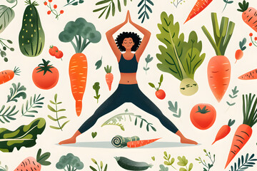 In a dynamic portrayal, a woman engages in yoga, her poses artfully mimicking the shapes of various vegetables.