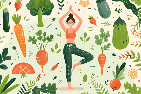 In a dynamic image, a woman practices yoga, her poses gracefully mirroring the shapes of various vegetables.