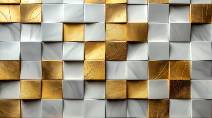 Abstract geometric background with black and gold concrete tiles, squares, triangle patterns. 3d modern background