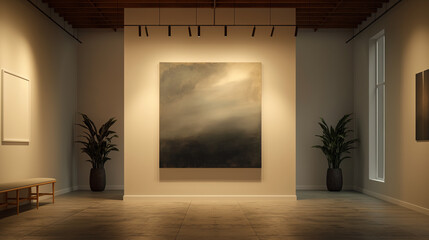 Modern Art Gallery, Large Canvas Painting, Minimalist Exhibition Space with Copy Space