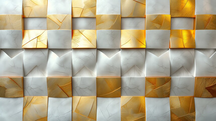 Abstract geometric background with black and gold concrete tiles, squares, triangle patterns. 3d modern background