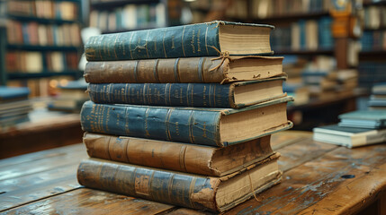 Stack of vintage books on a wooden table in a library setting. - obrazy, fototapety, plakaty