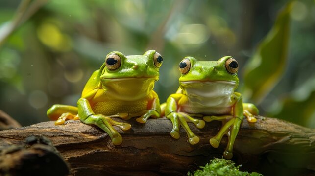 macro photography hyper realistic two white-lipped tree frog