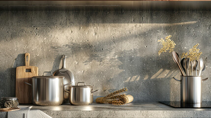 kitchen background. Counter with pots and cooking utensils. New modern grey kitchen interior. Restaurant, cafe kitchen interior - obrazy, fototapety, plakaty