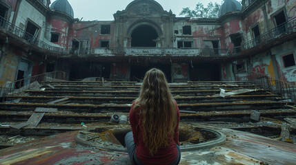 Woman sitting on steps of a dilapidated theater, contemplating amidst urban decay.