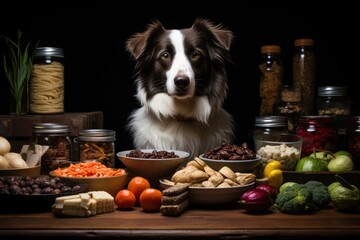 Dog Sitting in Front of a Table Full of Food Generative AI - obrazy, fototapety, plakaty