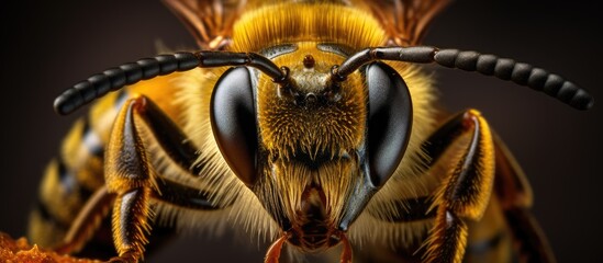 A close up of a pollinator insects face, showcasing its snout, symmetry, fur, and wings on a black...