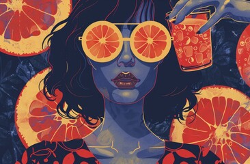 Citrus Vision: Artistic Portrait with Orange Slices, imaginative portrait of a woman obscured by orange slice sunglasses, holding a vibrant red drink, set against a backdrop of citrus fruits