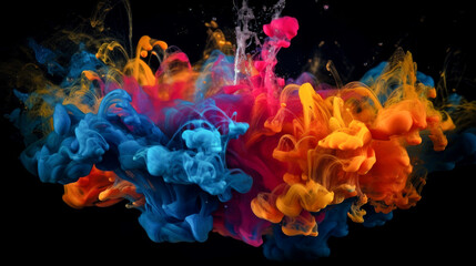 Colorful rainbow holi paint splash color powder explosion with liquid on black 
