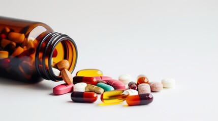 Close up opened brown glass bottle with white pills resting on a white background. Concept of medicine healthcare and pharmaceutical