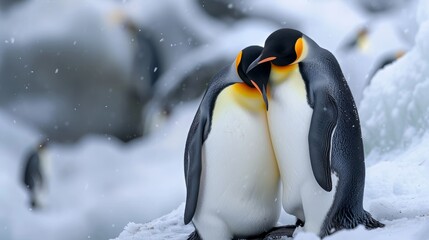 King penguin mating couple cuddling in wild nature, snow and ice - obrazy, fototapety, plakaty