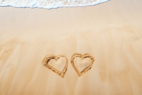 Two heart shapes drawn on a sandy beach.