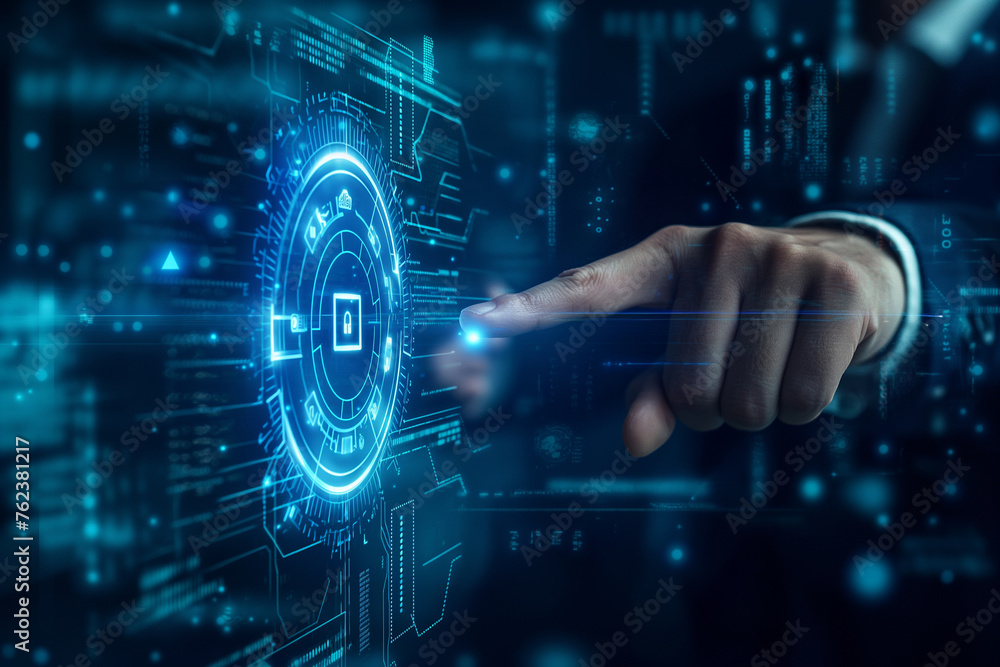 Poster the young man's hand touched the introduction of artificial intelligence. cyberspace of the future s