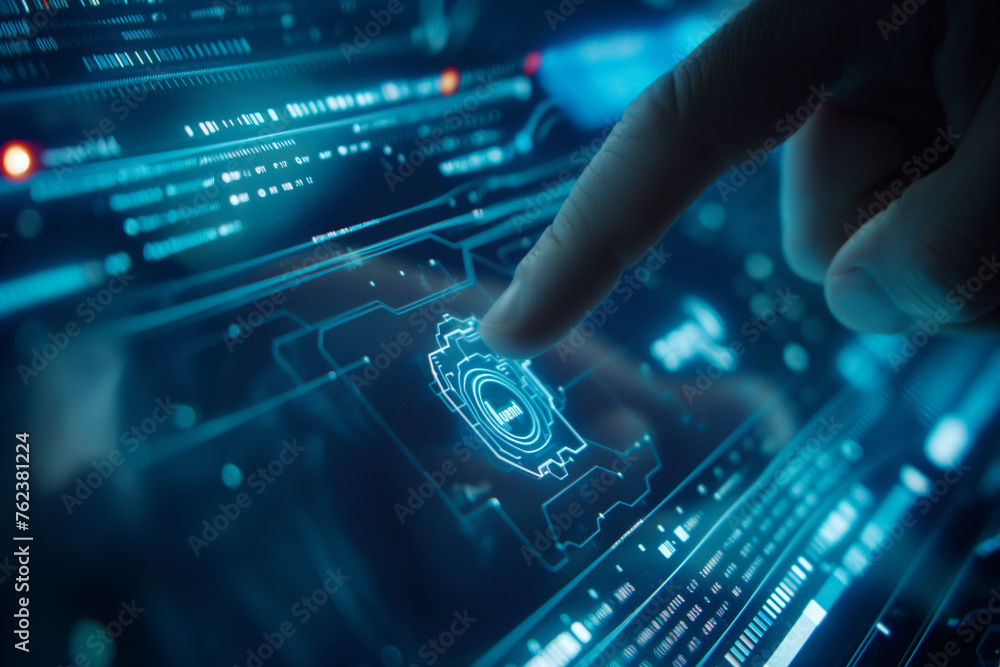 Poster the young man's hand touched the introduction of artificial intelligence. cyberspace of the future s