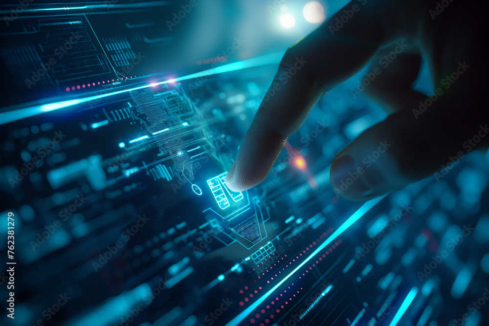 Poster the young man's hand touched the introduction of artificial intelligence. cyberspace of the future s