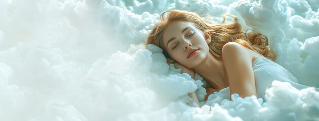 Natural cotton bed sheets, comfortable mattress banner. beautiful young woman wearing nightdress lying asleep relaxing sleeping in cozy white clouds on soft pillow resting enjoying good healthy sleep - obrazy, fototapety, plakaty