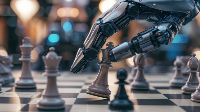 Checkmate: An impactful image showcasing the victorious moment when the robot's hand moves the chess pawn into a position of checkmate. Generative AI
