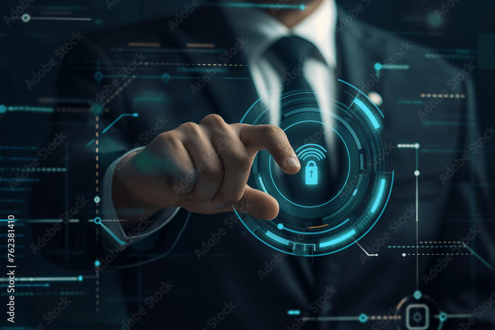 Poster the young man's hand touched the introduction of artificial intelligence. cyberspace of the future s