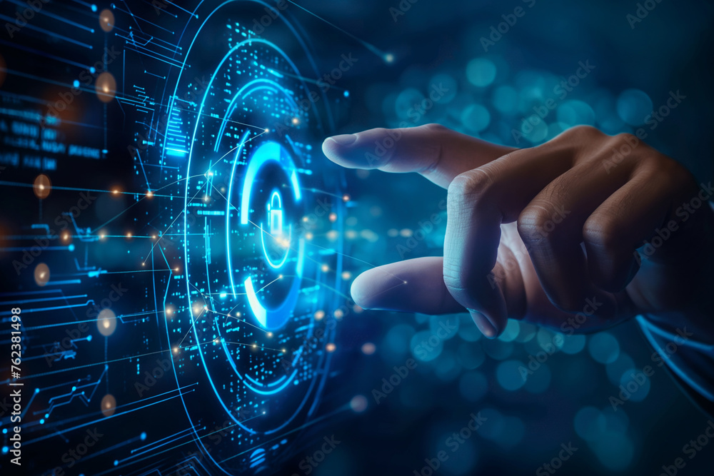 Poster the young man's hand touched the introduction of artificial intelligence. cyberspace of the future s