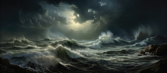 A dramatic painting of a stormy night ocean with a boat in the distance, featuring dark clouds and swirling winds creating an intense atmosphere