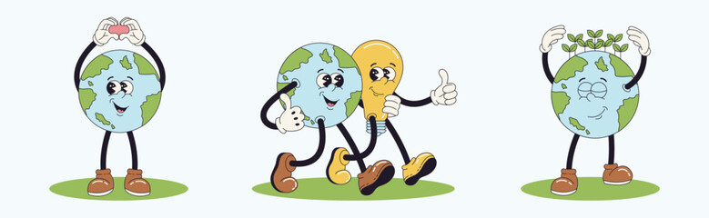 Earth day cartoon mascot character set. Y2k groovy Earth planet walking, saving energy, green planet. Environment protection, ecology concept, love our planet. Vector illustration.