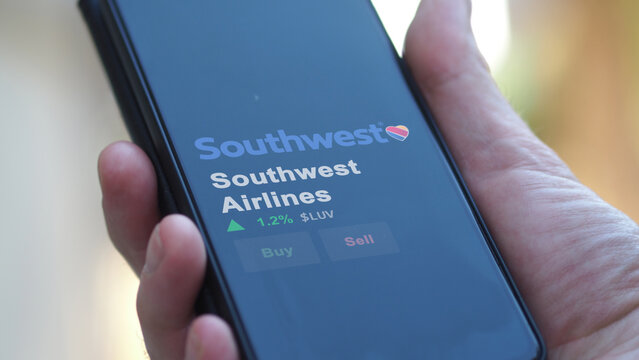 January 15th 2024. The logo of Southwest Airlines on the screen of an exchange. Southwest Airlines price stocks, $LUV on a device.