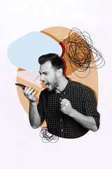 Vertical image collage young man speak phone aggressive yell conflict abuse telephone call textbox...