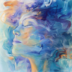 Abstract Artistic Portrait, Blue and Orange, Dreamy Female Expression