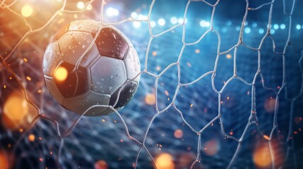 Soccer ball breaks the soccer net with copyspace for text