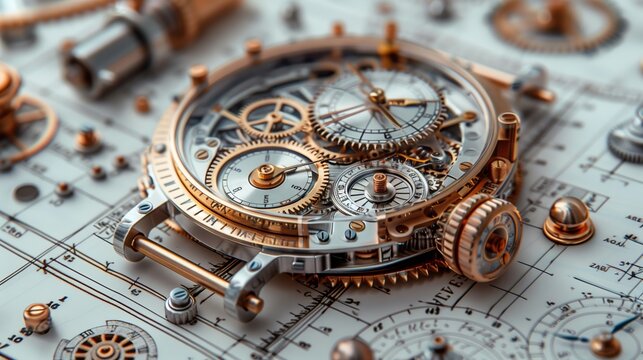 A watch displayed on blueprint, combining timepiece with design and precision