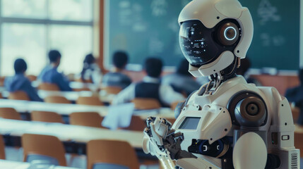 Empowering Education: An empowering image depicting the transformative potential of technology-driven education, with the robotic lecturer inspiring students to think critically. Generative AI